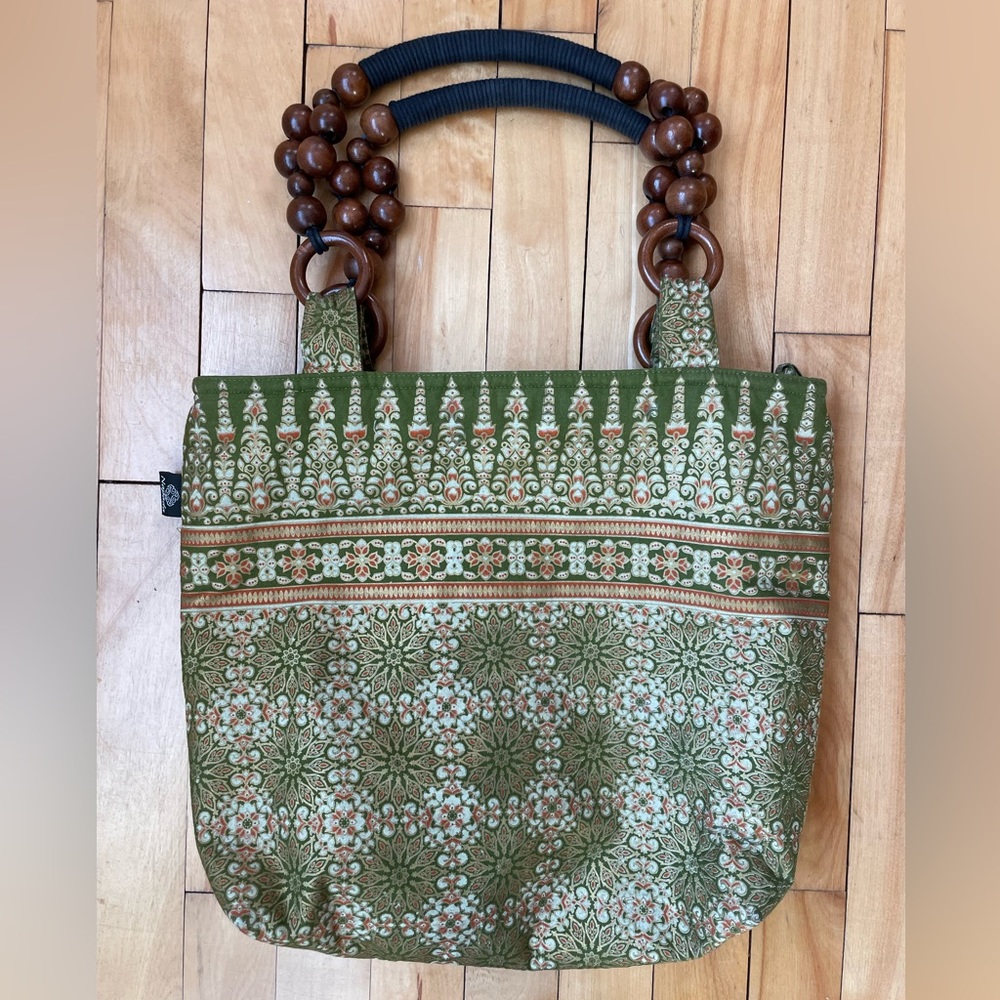 Handmade Napada fabric and wood handled greenish purse boho Made in Thailand.